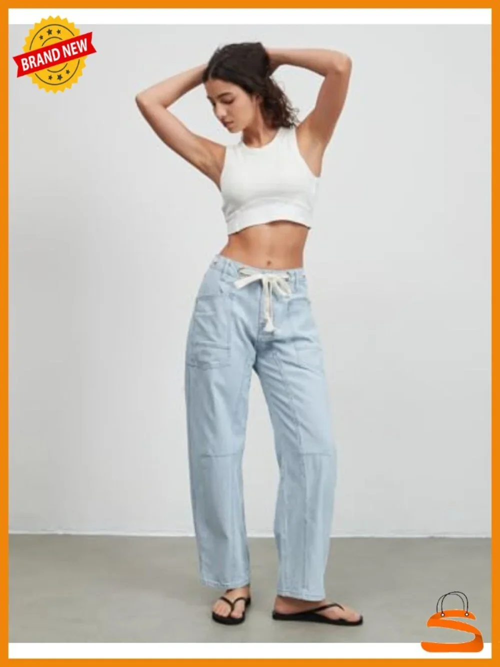 Striped Barrel Jeans Mid Rise Wide Leg Baggy Y2K Loose Drawstring Casual Pants